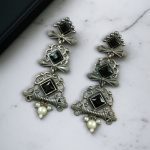 Floral Design 3 Layer Earrings with Pearls & Stones – Stylish Dangler Best Jewelry for Women - "Black"