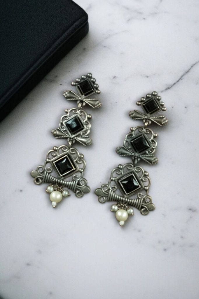 Bulk 788 Floral Design 3 Layer Earrings with Pearls & Stones – Stylish Dangler Best Jewelry for Women - "Black"
