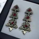 Floral Design 3 Layer Earrings with Pearls & Stones – Stylish Dangler Best Jewelry for Women - "Red"