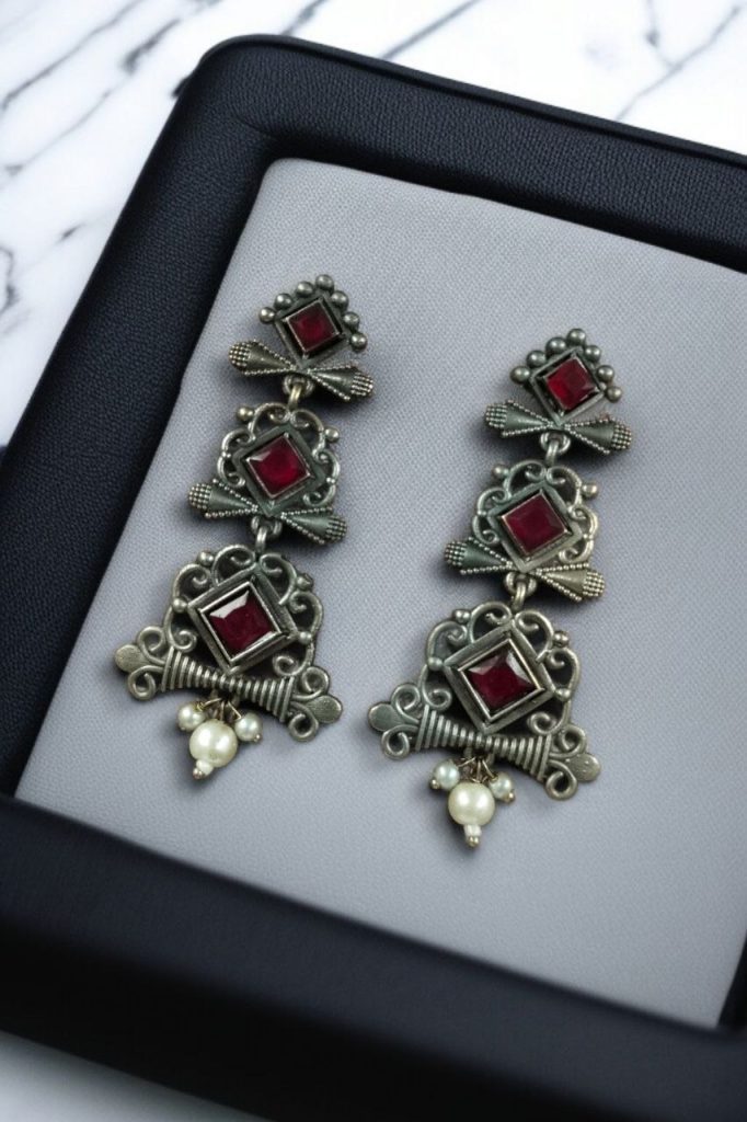 Bulk 794 Floral Design 3 Layer Earrings with Pearls & Stones – Stylish Dangler Best Jewelry for Women - "Red"