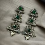 Floral Design 3 Layer Earrings with Pearls & Stones – Stylish Dangler Best Jewelry for Women - "Green"