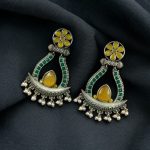 Handcrafted Silver Replica Oxidized Long Earrings – Pearl & Monalisa Stone Best Dangler Jewelry - "Yellow-Green"
