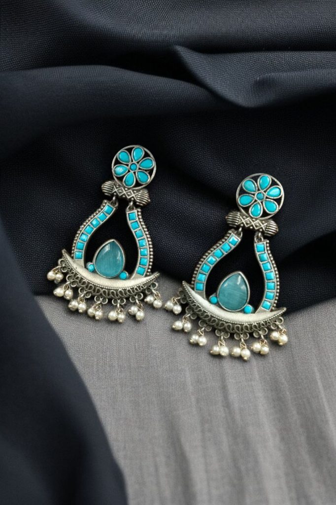 Bulk 772 Handcrafted Silver Replica Oxidized Long Earrings – Pearl & Monalisa Stone Best Dangler Jewelry - "Aqua"