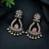 Handcrafted oxidized silver replica long earrings with Monalisa stone and pearl.