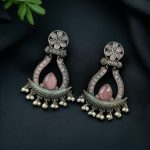 Handcrafted Silver Replica Oxidized Long Earrings – Pearl & Monalisa Stone Best Dangler Jewelry - "Baby Pink"