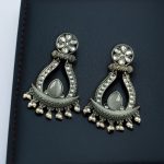 Handcrafted Silver Replica Oxidized Long Earrings – Pearl & Monalisa Stone Best Dangler Jewelry - "Grey"
