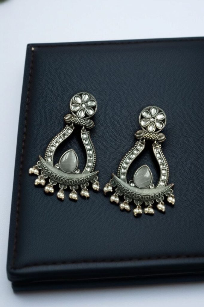 Bulk 776 Handcrafted Silver Replica Oxidized Long Earrings – Pearl & Monalisa Stone Best Dangler Jewelry - "Grey"