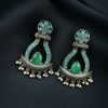 Handcrafted oxidized silver replica long earrings with Monalisa stone and pearl.