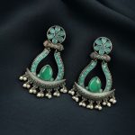 Handcrafted Silver Replica Oxidized Long Earrings – Pearl & Monalisa Stone Best Dangler Jewelry - "Mint"