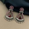 Handcrafted oxidized silver replica long earrings with Monalisa stone and pearl.