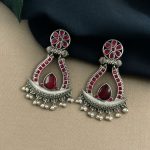 Handcrafted Silver Replica Oxidized Long Earrings – Pearl & Monalisa Stone Best Dangler Jewelry - "Red"