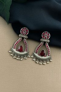 Handcrafted Silver Replica Oxidized Long Earrings – Pearl & Monalisa Stone Best Dangler Jewelry - color: "Red"