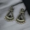 Handcrafted oxidized silver replica long earrings with Monalisa stone and pearl.