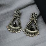 Handcrafted Silver Replica Oxidized Long Earrings – Pearl & Monalisa Stone Best Dangler Jewelry - "Black"