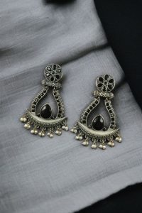 Handcrafted Silver Replica Oxidized Long Earrings – Pearl & Monalisa Stone Best Dangler Jewelry - color: "Black"