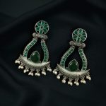 Handcrafted Silver Replica Oxidized Long Earrings – Pearl & Monalisa Stone Best Dangler Jewelry - "Green"