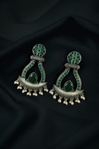 Handcrafted Silver Replica Oxidized Long Earrings – Pearl & Monalisa Stone Best Dangler Jewelry - color: "Green"