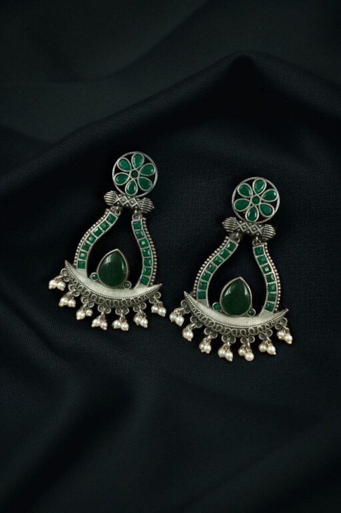 Bulk 784 Handcrafted Silver Replica Oxidized Long Earrings – Pearl & Monalisa Stone Best Dangler Jewelry - "Green"