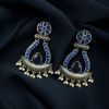 Handcrafted oxidized silver replica long earrings with Monalisa stone and pearl.
