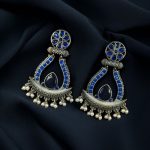 Handcrafted Silver Replica Oxidized Long Earrings – Pearl & Monalisa Stone Best Dangler Jewelry - "Blue"