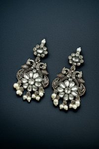 Silver Plated Peacock Dangler Earrings with Stone and Pearl – Best Ethnic Jewelry for Women - color: "White"