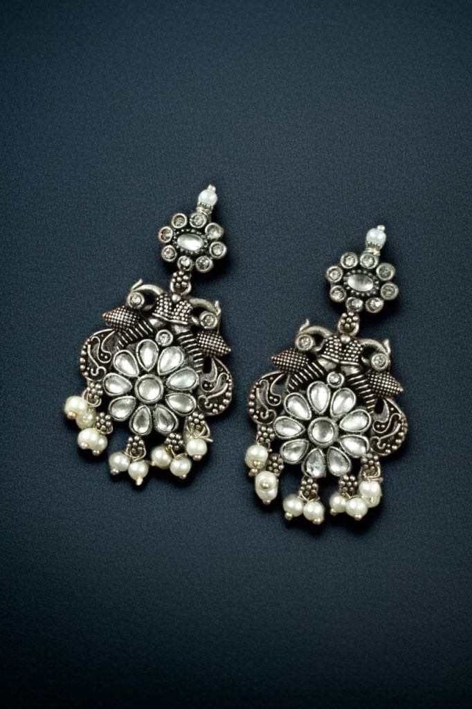 Bulk 766 Silver Plated Peacock Dangler Earrings with Stone and Pearl – Best Ethnic Jewelry for Women - "White"
