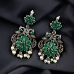 Silver Plated Peacock Dangler Earrings with Stone and Pearl – Best Ethnic Jewelry for Women - "Green"