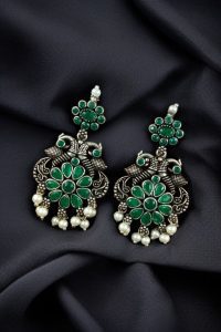 Silver Plated Peacock Dangler Earrings with Stone and Pearl – Best Ethnic Jewelry for Women - color: "Green"