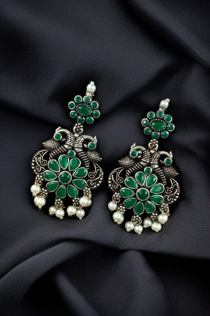 Bulk 764 Silver Plated Peacock Dangler Earrings with Stone and Pearl – Best Ethnic Jewelry for Women - "Green"
