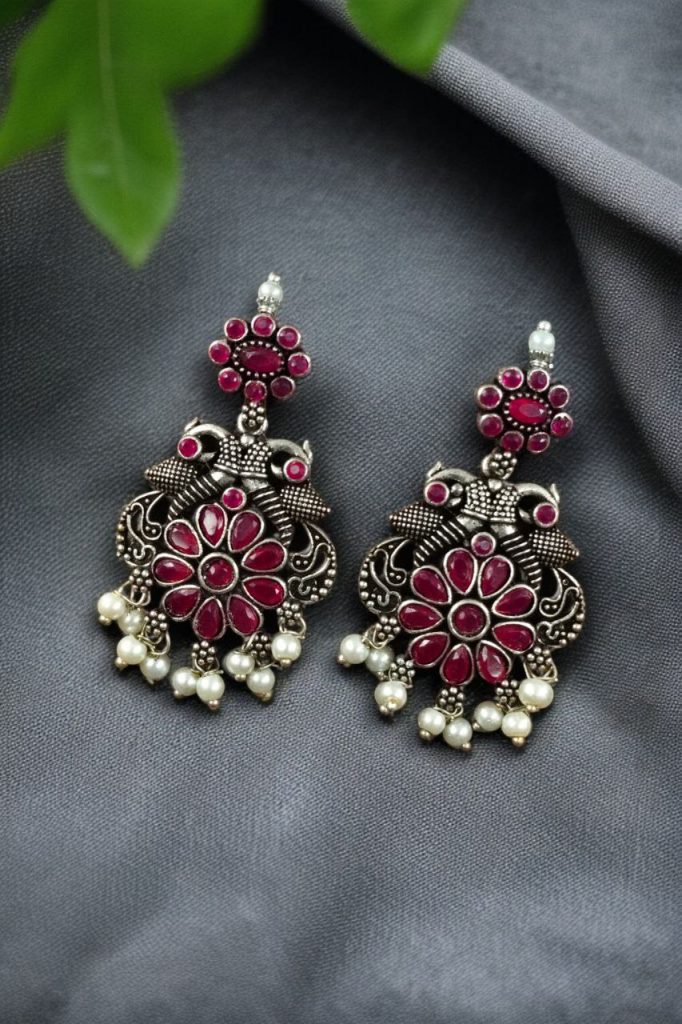 Bulk 768 Silver Plated Peacock Dangler Earrings with Stone and Pearl – Best Ethnic Jewelry for Women - "Red"