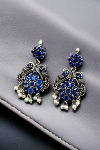 Silver Plated Peacock Dangler Earrings with Stone and Pearl – Best Ethnic Jewelry for Women - color: "Blue"