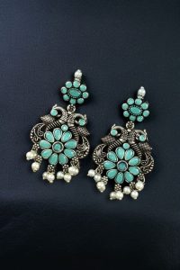 Silver Plated Peacock Dangler Earrings with Stone and Pearl – Best Ethnic Jewelry for Women - color: "Mint"