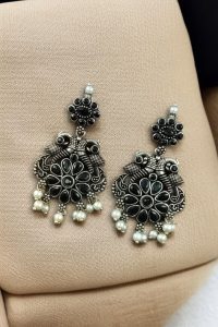 Silver Plated Peacock Dangler Earrings with Stone and Pearl – Best Ethnic Jewelry for Women - color: "Black"