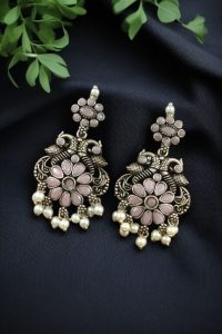 Silver Plated Peacock Dangler Earrings with Stone and Pearl – Best Ethnic Jewelry for Women - color: "Baby Pink"