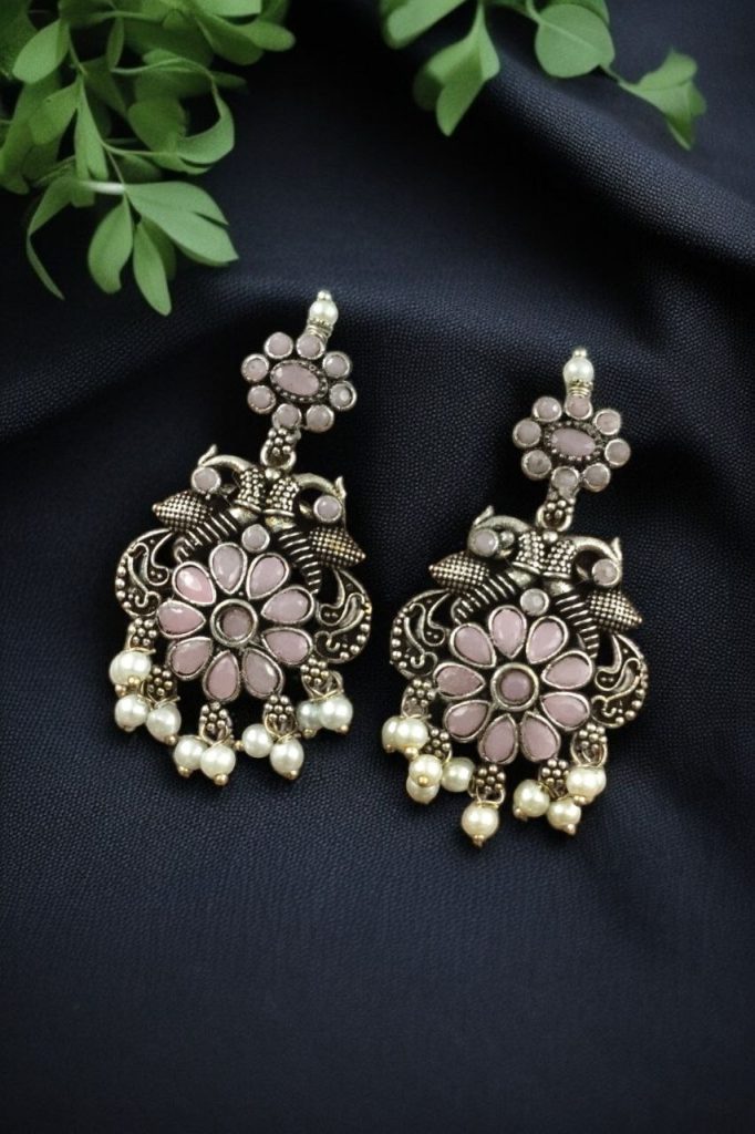 Bulk 758 Silver Plated Peacock Dangler Earrings with Stone and Pearl – Best Ethnic Jewelry for Women - "Baby Pink"