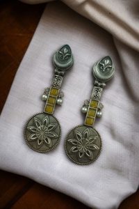 Lightweight Unique Flower Dangler Earrings with Traditonal Pearl & Stone Silver Plated Jewelry - color: "Yellow"