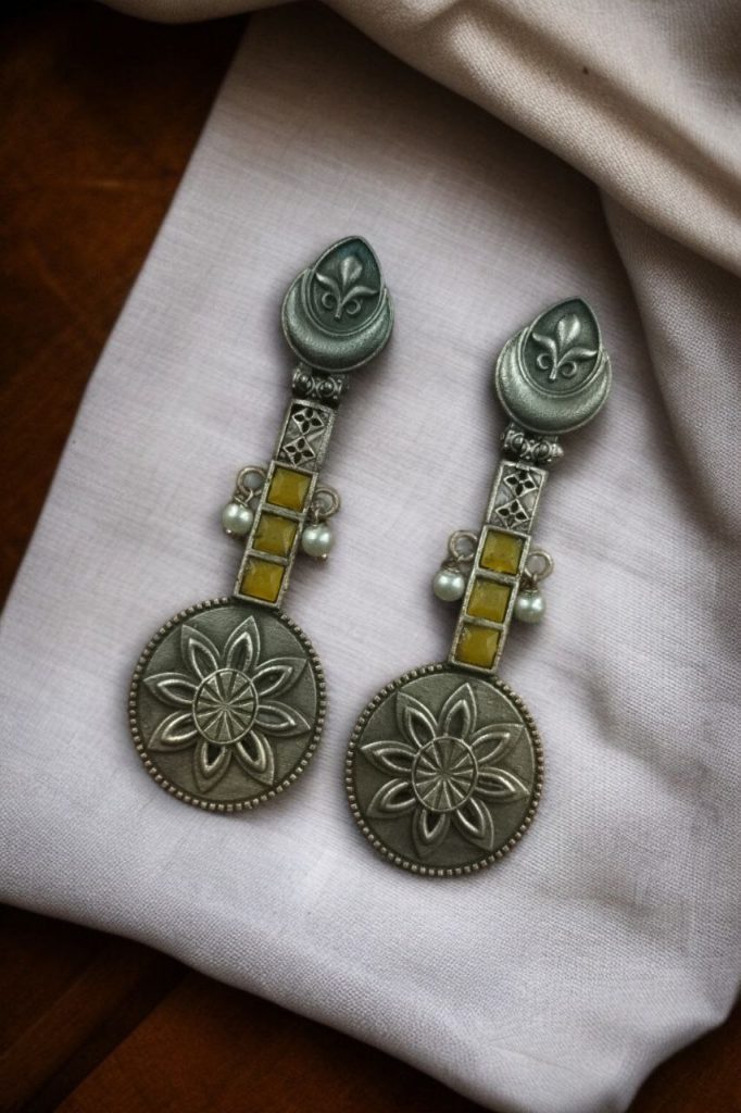 Bulk 750 Lightweight Unique Flower Dangler Earrings with Traditonal Pearl & Stone Silver Plated Jewelry - "Yellow"