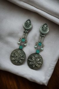 Lightweight Unique Flower Dangler Earrings with Traditonal Pearl & Stone Silver Plated Jewelry - color: "Baby Pink-Mint"