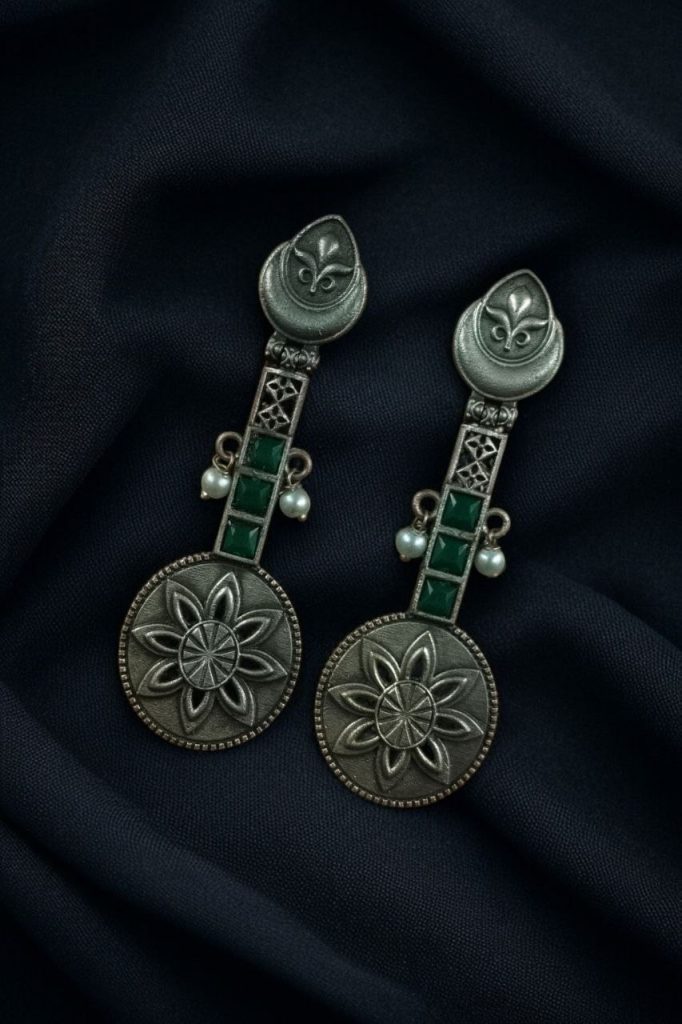 Bulk 752 Lightweight Unique Flower Dangler Earrings with Traditonal Pearl & Stone Silver Plated Jewelry - "Green"