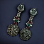 Lightweight Unique Flower Dangler Earrings with Traditonal Pearl & Stone Silver Plated Jewelry - "Red-Green"
