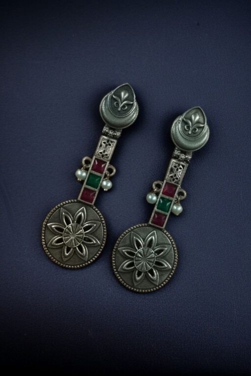 Lightweight oxidised silver plated flower dangler earrings with pearl and stone work.