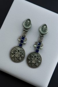 Lightweight Unique Flower Dangler Earrings with Traditonal Pearl & Stone Silver Plated Jewelry - color: "Blue"