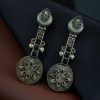 Lightweight oxidised silver plated flower dangler earrings with pearl and stone work.
