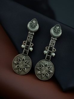 Lightweight oxidised silver plated flower dangler earrings with pearl and stone work.