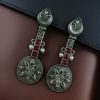 Lightweight oxidised silver plated flower dangler earrings with pearl and stone work.