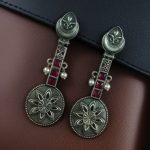 Lightweight Unique Flower Dangler Earrings with Traditonal Pearl & Stone Silver Plated Jewelry - "Red"
