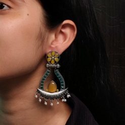 Handcrafted oxidized silver replica long earrings with Monalisa stone and pearl.