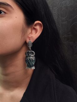 Antique silver plated owl dangler earrings with oxidised finish and stone work