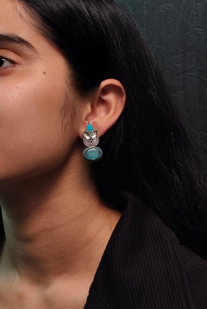 Traditional Oxidised Stud Earrings with Monalisa Stone – Perfect Silver Plated Jewelry