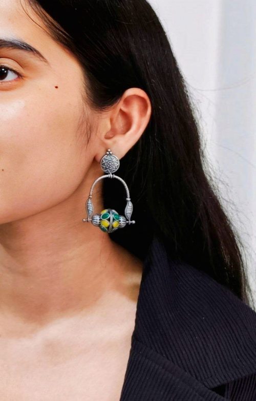 Unique oxidised dangler earrings with stone work and silver plating